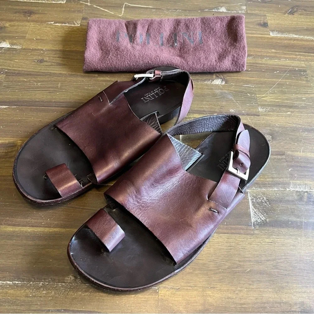 Pollini Men’s Leather Sandals Toe Ring Jesus Jerusalem Dark Brown Dust Bag
